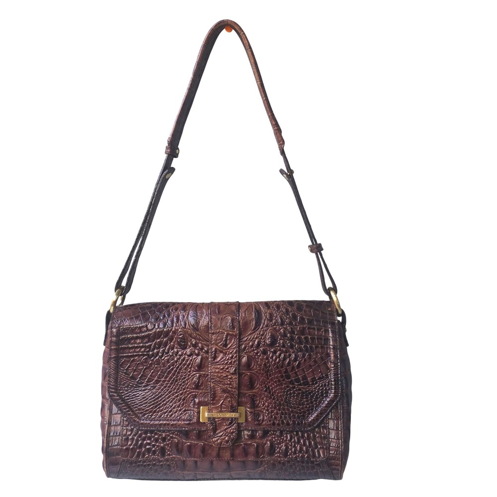 Brahmin Brown Crocodile Embossed Leather Flap Shoulder Bag Gold Logo Hardware